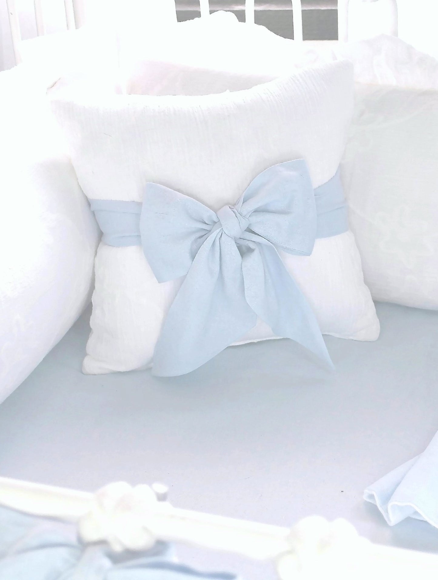 Blue Linen Eyelet Bow Pillow