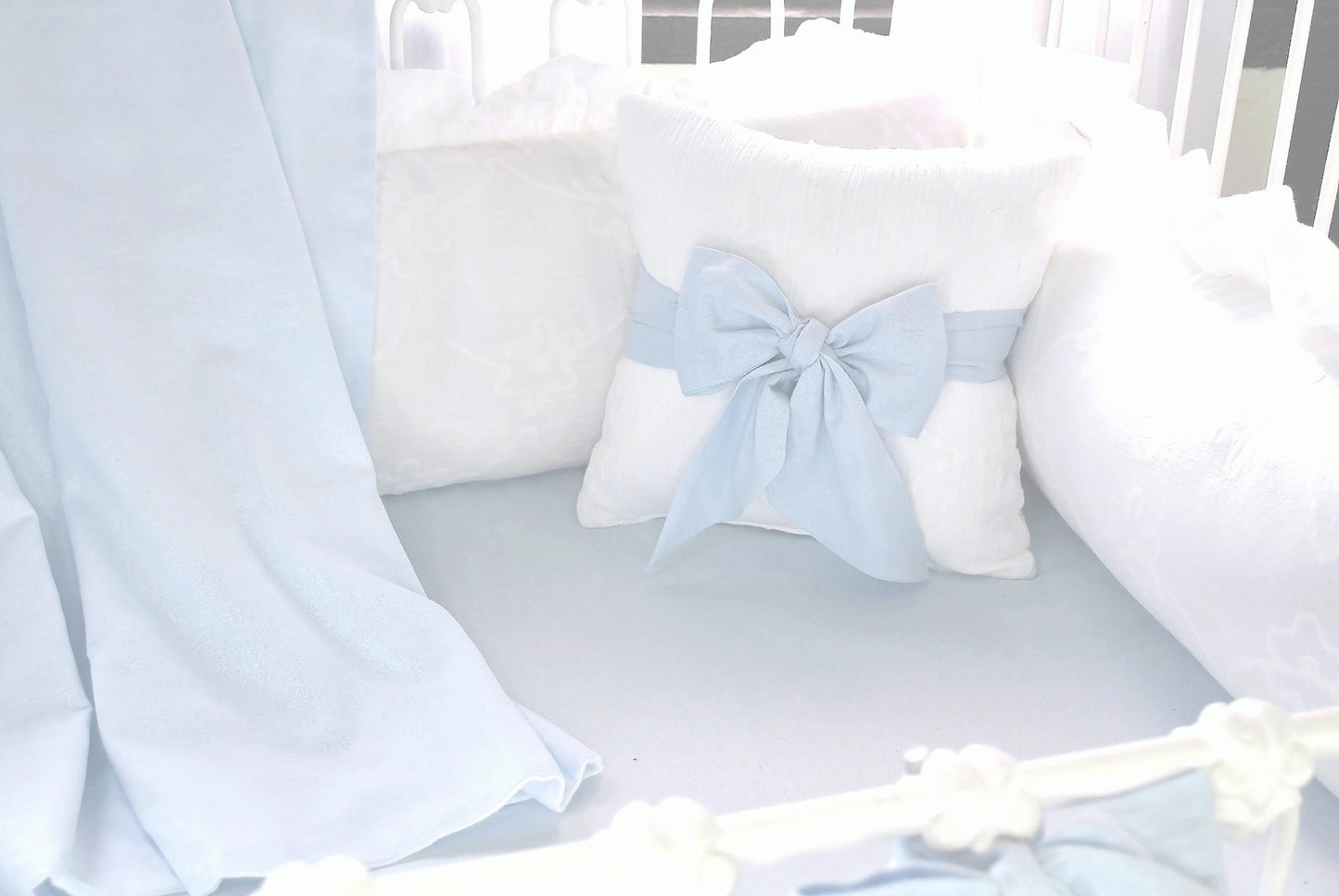 Blue Linen Eyelet Bow Pillow